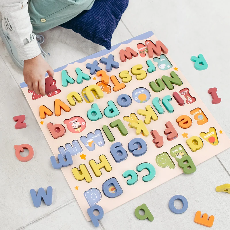 Children Wood Alphabet Letter ABCD 3D Jigsaw Puzzle Board Games Preschool Baby Montessori Early Educational Learning Toys