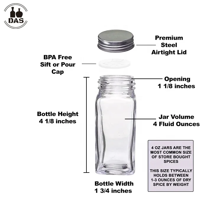 Eco Friendly Kitchen 4oz 120ml Square Set Salt Pepper Spice Jar Glass Storage Container Jar with Shaker Aluminum Lids and Label
