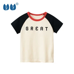 140 Grams Anti-Pilling Letter Apricot 100% Cotton Knitted Short Sleeve Boys T Shirts