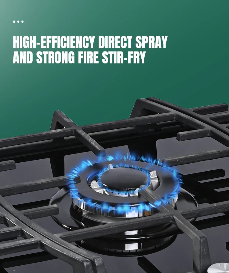 Tempered glass 76 cm width gas hob 3 gas burner built in hob with heavy pan support on cooktop