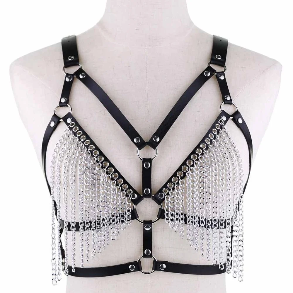 
Sexy Punk Style Sexy Leather Harness Body Chain Bikini Bra Goth Punk Rock Bondage Chest Belt With Chain Tassel Tanks Waist Belts 