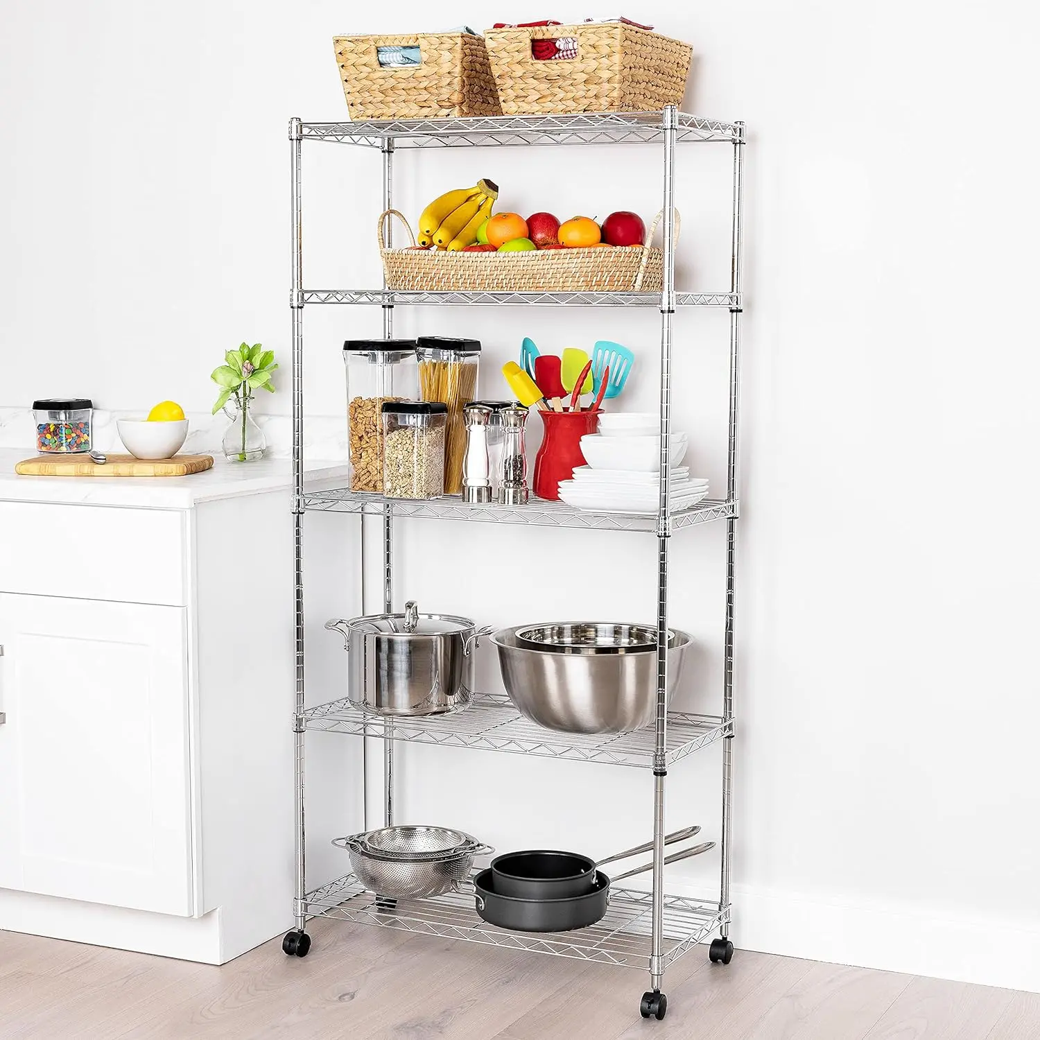 Wire Shelving Adjustable Storage Shelves Steel Wire Rack 180 cm Metal 5 tires Shelf with wheels