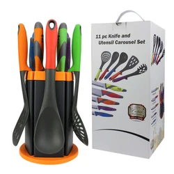 hot sale colorful cooking Nylon utensils chef knife holder set 11pcs Kitchen tools set with Rotating Stand