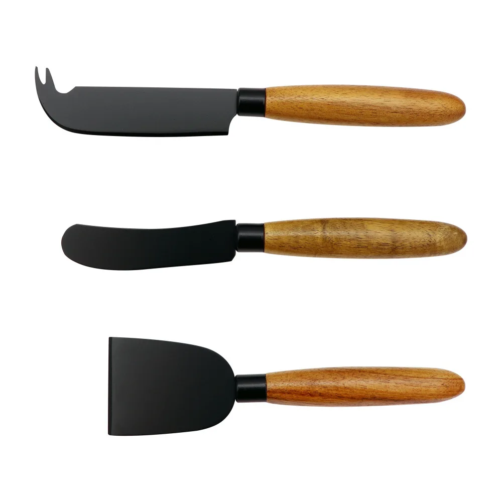Black 3pcs Cheese Knives Set With Wood Handle  Include Knife /Spatula/Shovel Stainless Steel Butter Knife Cheese Cutter