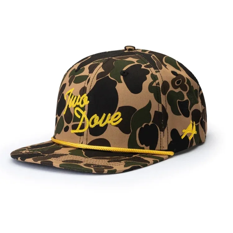 Factory Original Custom Embroidery Logo 6 Panel Cotton Rope Camo Flat Bill Snapback Hat With String