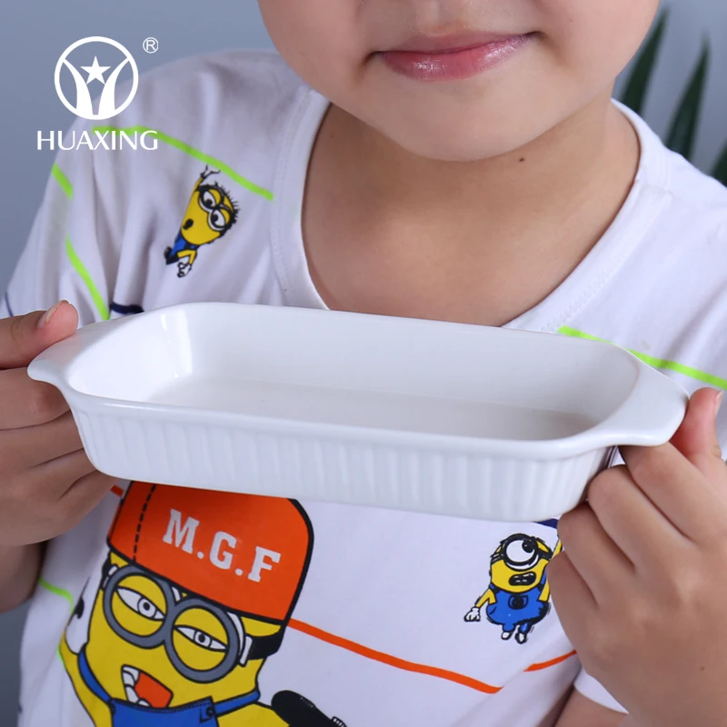 Wholesale custom logo catering rectangular baking tray white ceramic baking dishes pans with two handles