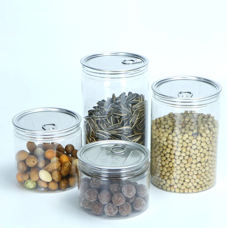 MAYSURE 500ml Easy Open Plastic Food Tin Cans for Nuts Packaging PET Can Clear Plastic Food Container with Lid