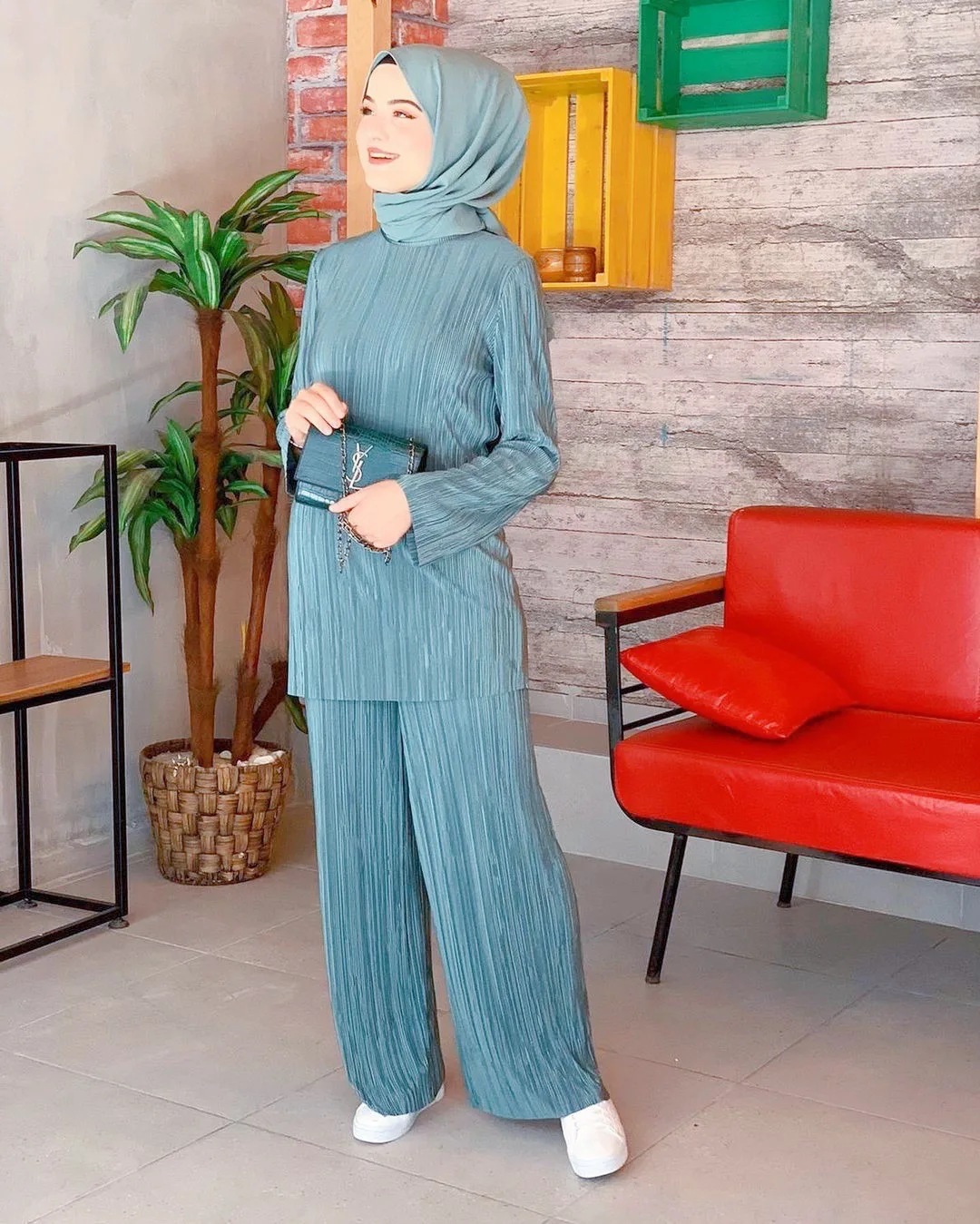 Solid Abaya Pullover Set Top and Long Pants Muslim Traditional Clothing Middle East Arabic 2-Piece Casual Pleated Suit