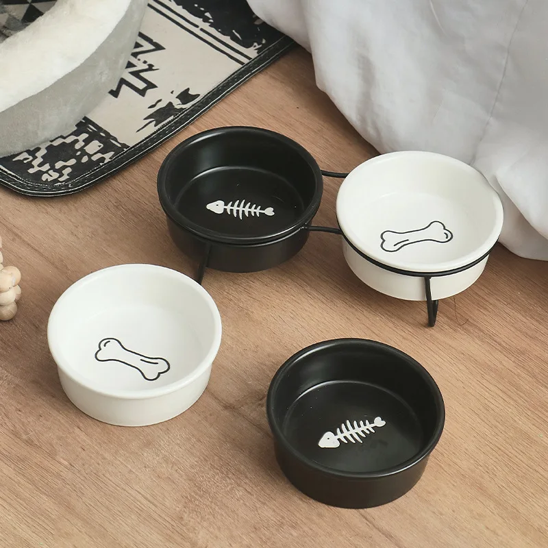 Supplier price cheap double water food double elevated cat bowl ceramic pet bowls feeders with metal stand