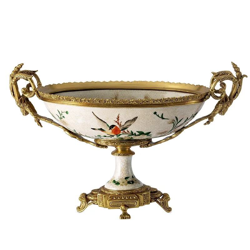 Refine Italian Style Hand Painted Aqua Blue Ink Painting Porcelain Brass Retro Bronze Ceramic Home Decor Ornaments