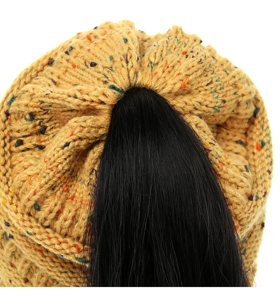 Women style winter design acrylic multifunction confetti messy bun ponytail beanie hat with hole
