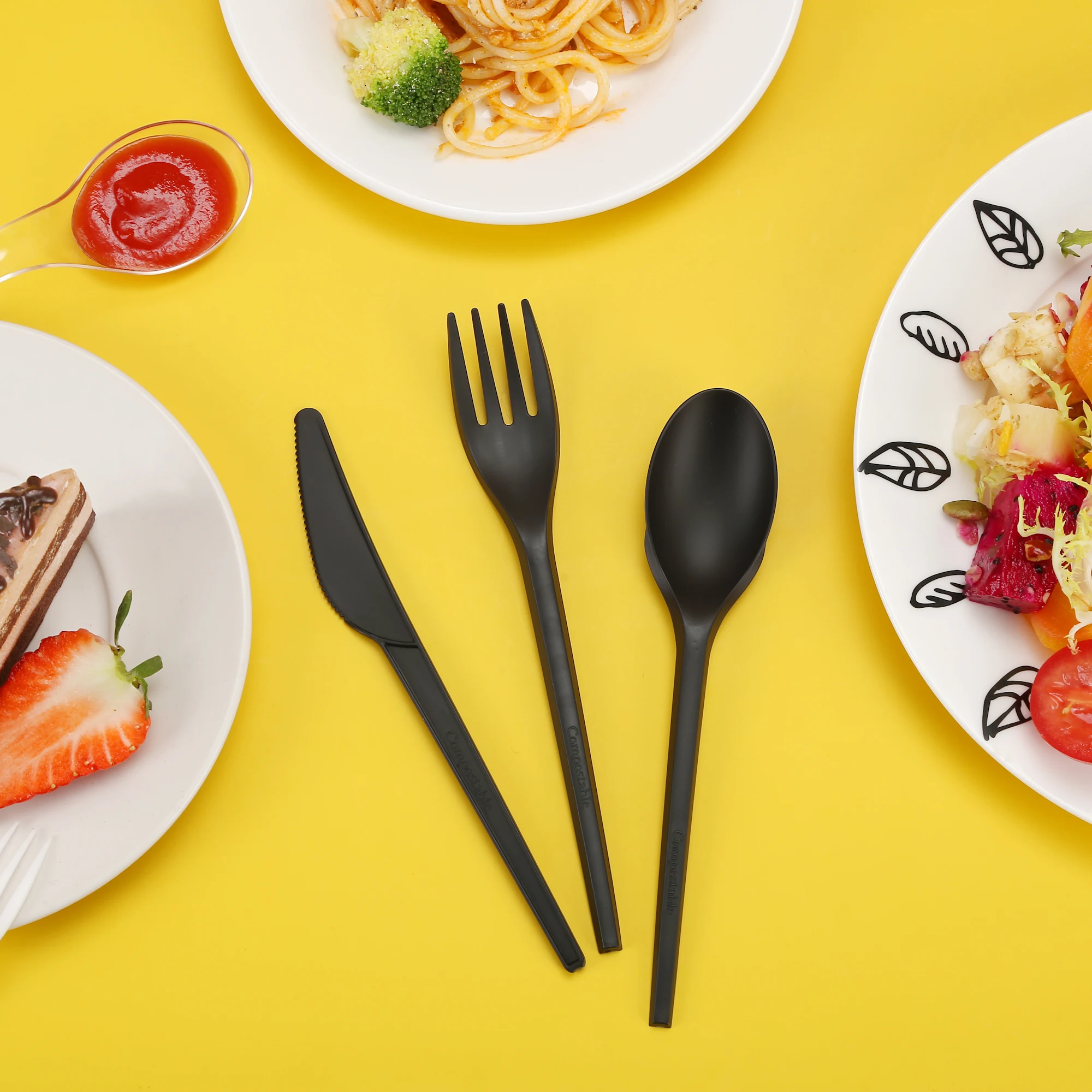 Bulk Package Disposable Biodegradable Eco Friendly Nature CPLA Knife Fork Spoon Set Cutlery Kit