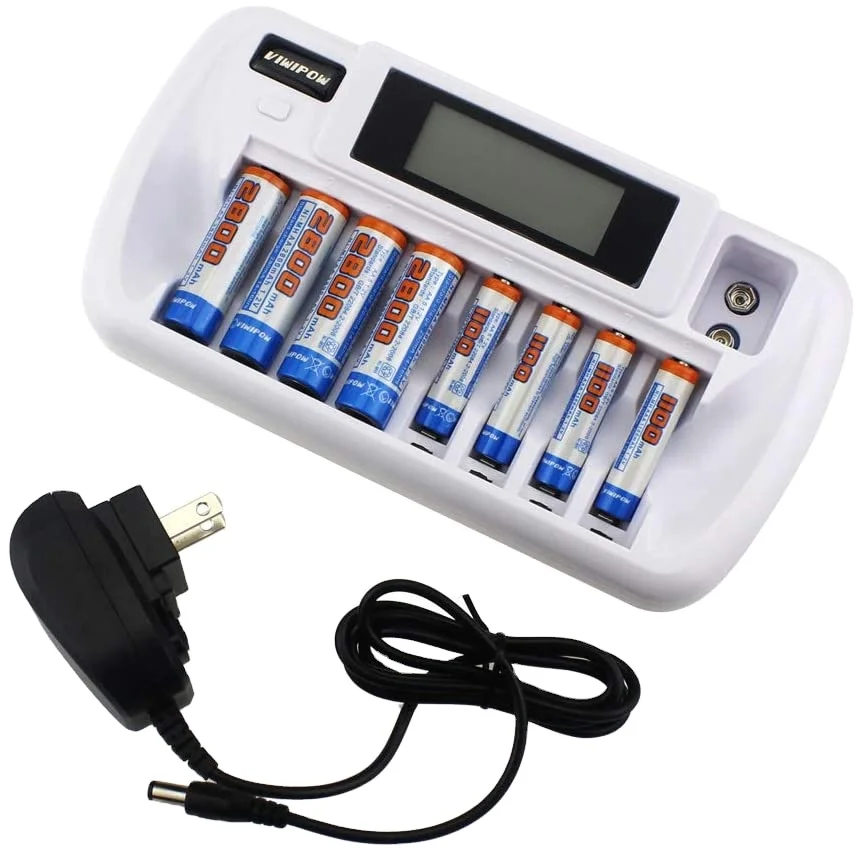 8 Slots AC Battery Charger for 8 Pieces Ni-MH Batteries with Short-circuit Protection