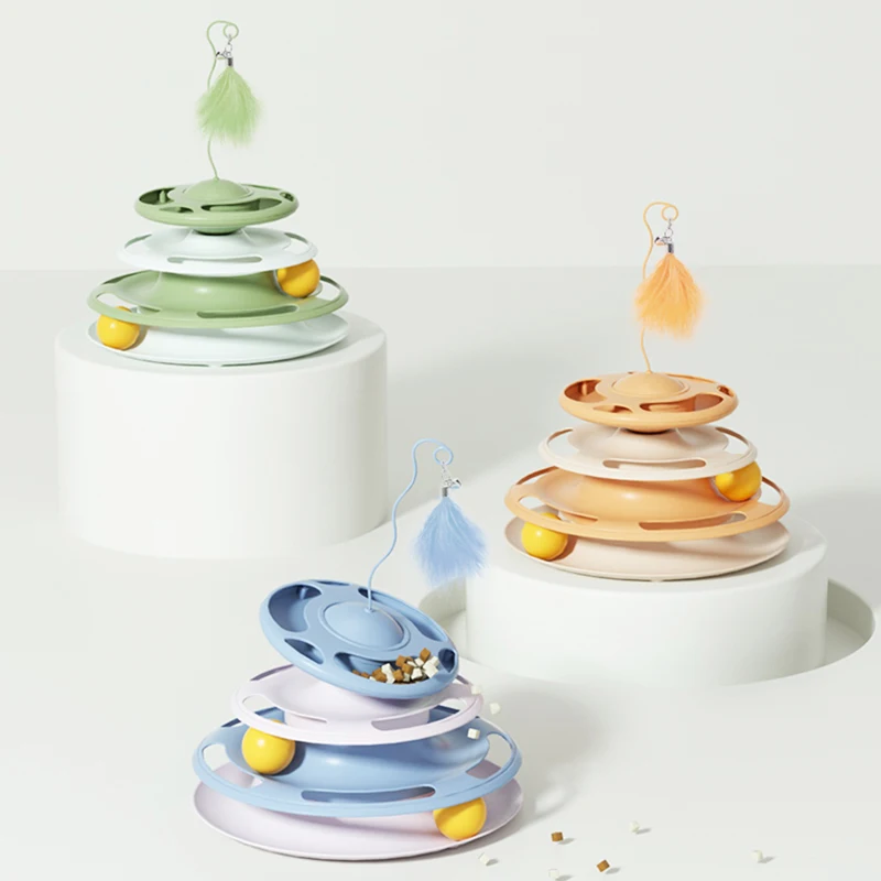 Pet Leaking Food Turntable 3 Levels Cats Toy Tower Interactive Cat Intelligence Training Amusement Teaser Stick