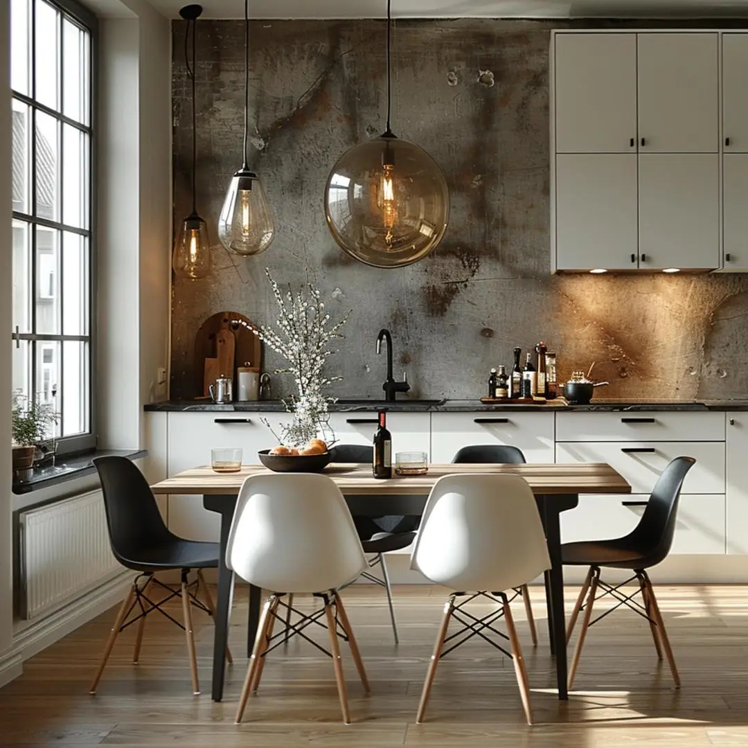 AI Creative Concept Design Nordic Kitchen Dining Room White And Wood Style Design 3D Rendering Service