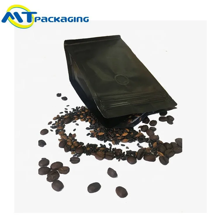 
Eco-friendly Food Grade Black plastic matte finish black Flat bottom pouch Coffee Bag 