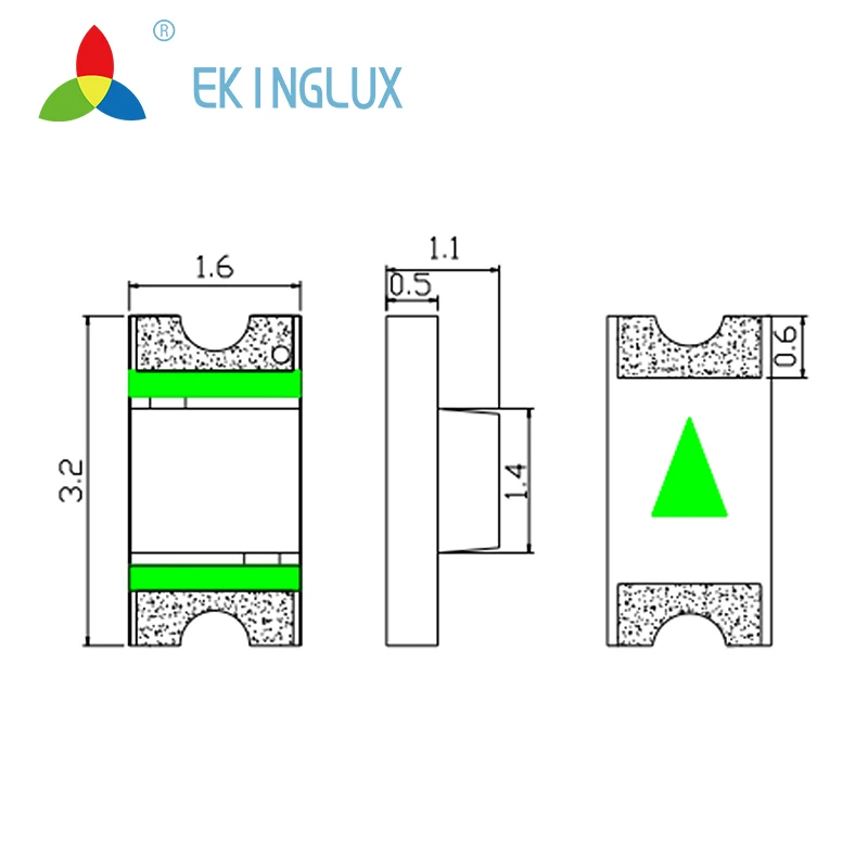 Ekinglux led manufacturer high quality reverse mount 1206 green light emitting diode pcb chip led