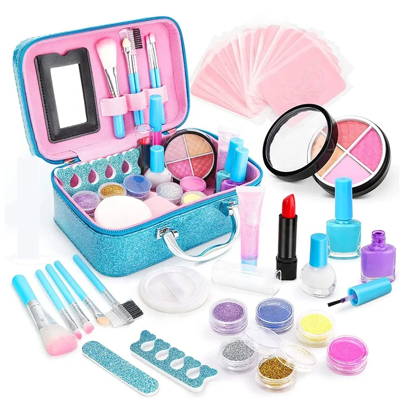 Kids makeup kit snow cosmetics bag toy pretend play makeup set with 18pcs cutout stickers