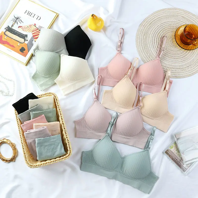 China factory seamless cotton bra gather fixed cup no steel ring student girl underwear cotton bra set female