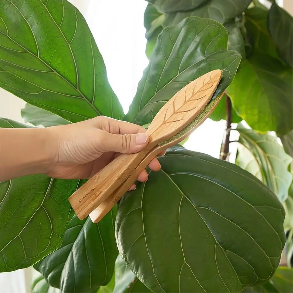 New Original Portable Wooden Hand-Held Green Brush Houseplant Leaf Cleaning Tongs
