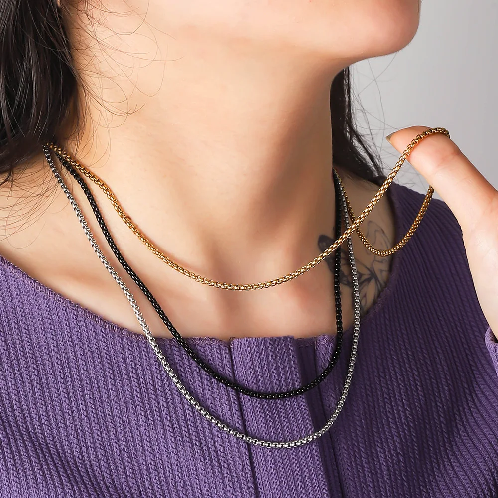 Stainless Steel 18k Gold Necklace Titanium Steel Square Pearl Necklace Thick Chain Corn Chain For Men