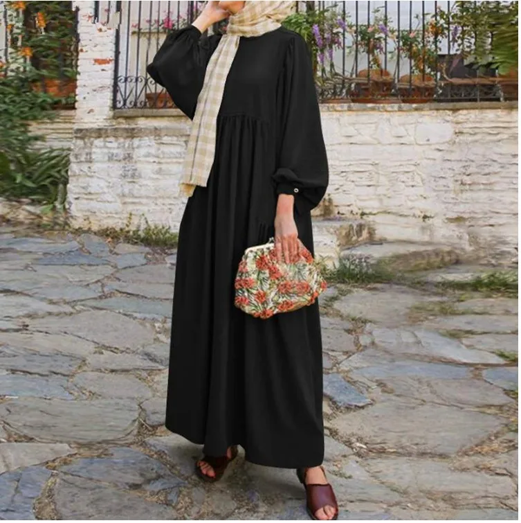 Hot selling 2023 Wholesale Dubai Islamic Clothes Solid Color Round Neck Lantern Sleeve Fashion Women Dresses Muslim For abaya
