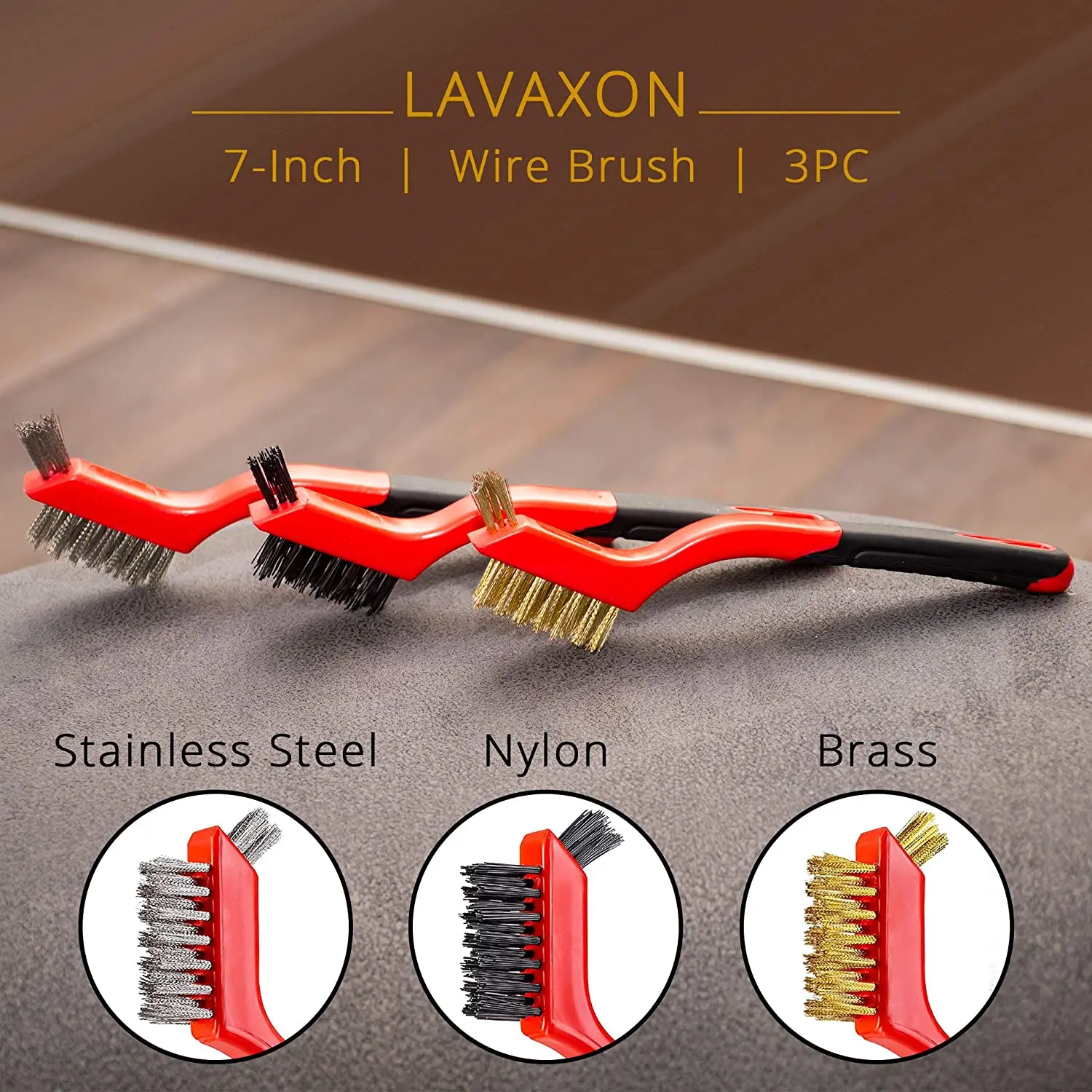 Wire Brush Set 3Pcs - Nylon/Brass/Stainless Steel Bristles with Curved Handle Grip for Rust