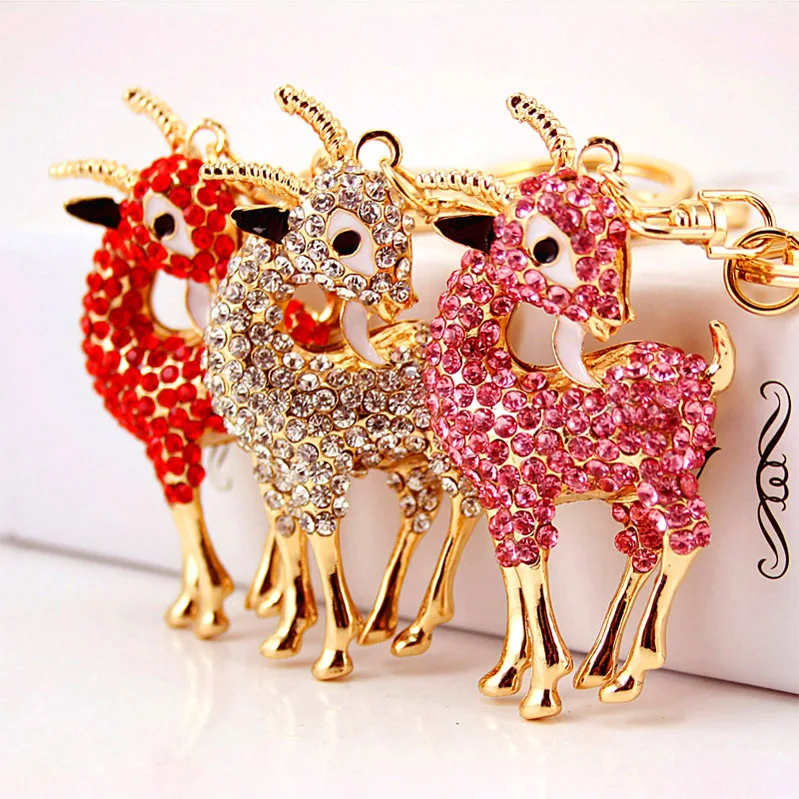 Environmental Protection Metal Zinc Alloy Gold Plated Animal Goat Sheep Pendant Crystal KeyChain For Girl
