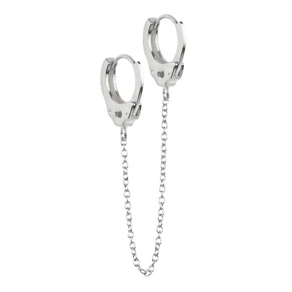 Custom Trendy 925 Sterling Silver 18K Gold Plated Dainty Jewelry Handcuffs Link Chain Double Huggie Hoop Earrings For Women