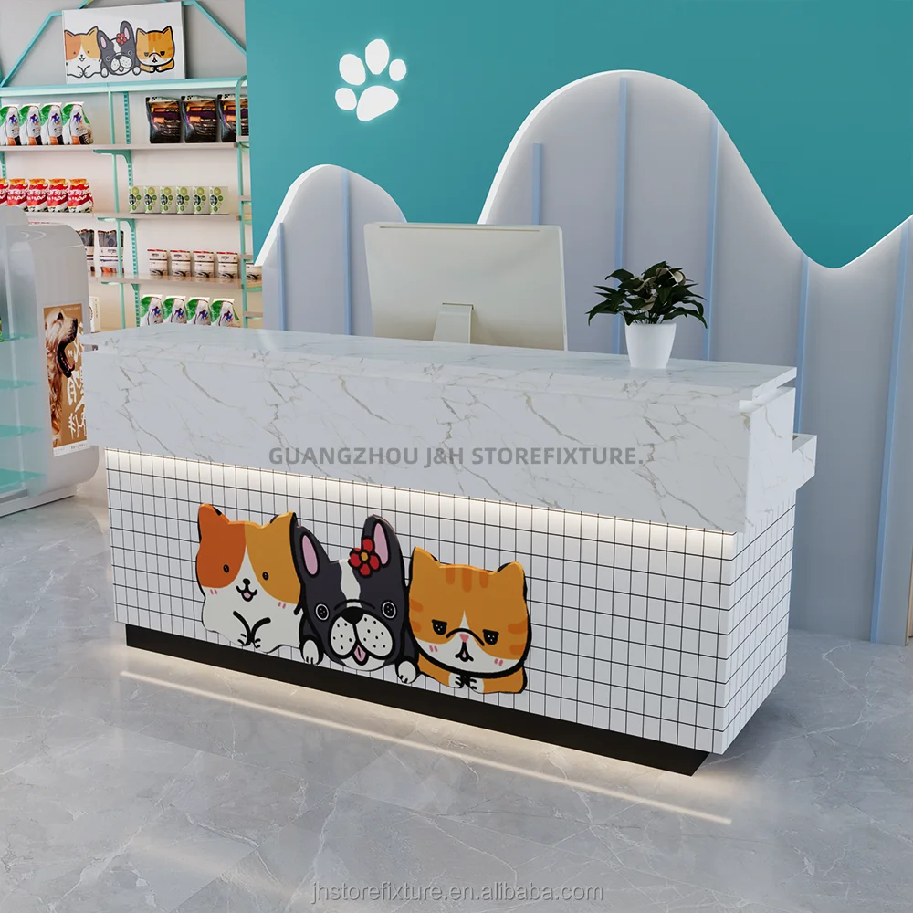 High quality retail supermarket white mdf cashier table with led light custom logo size checkout counter