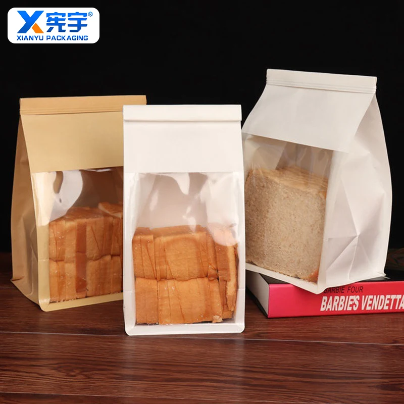 Customized Printing LOGO Brown And White Stand Up Bread Paper Bags Disposable Food Packaging Bags Kraft Paper Bag With Windows
