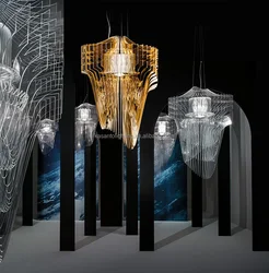 Modern Luxury Hotel Lobby Acrylic High Ceiling Crystal Decor Gold Led Chandelier Lamp Staircase Pendant Lights