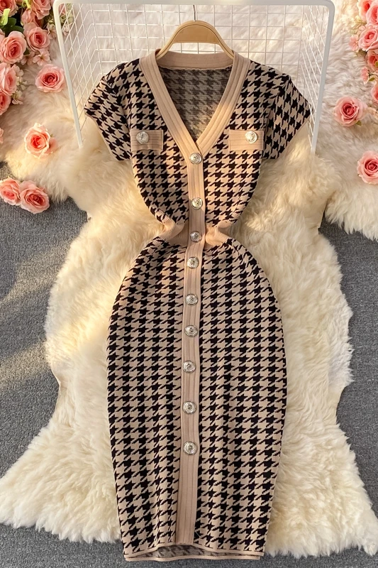 Summer V-neck Plaid Knit Casual Dress Women High Waist Midi Sheath Dress Ladies Elegant Dresses Clothes Women Wholesale