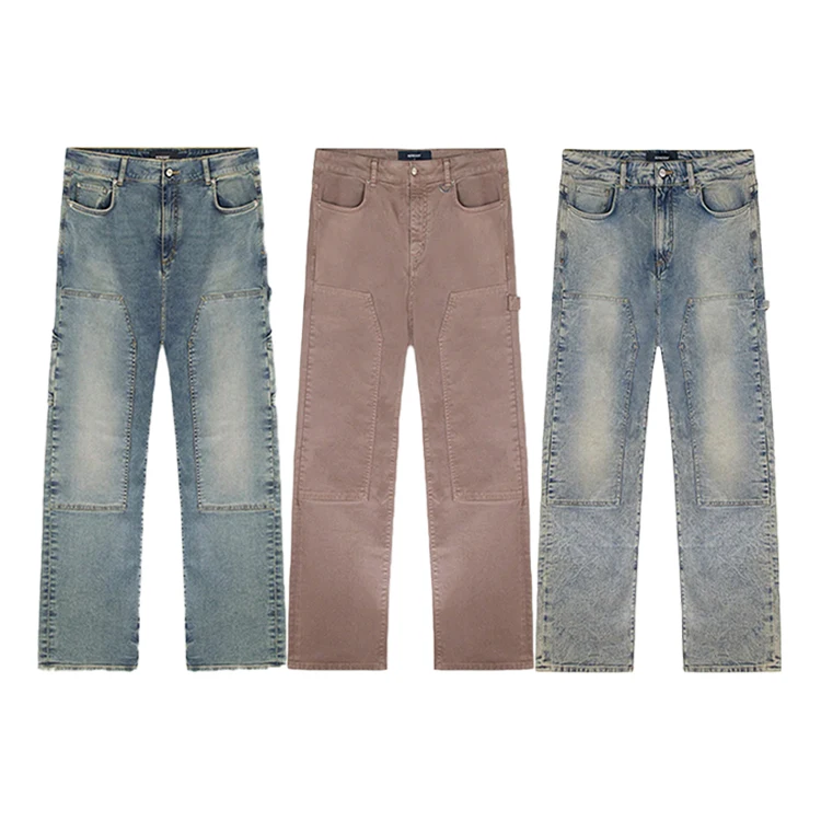Wholesale New arrival Fashion Men Jeans Double Knee Patch Carpenter pants Straight Loose vintage Denim jeans men
