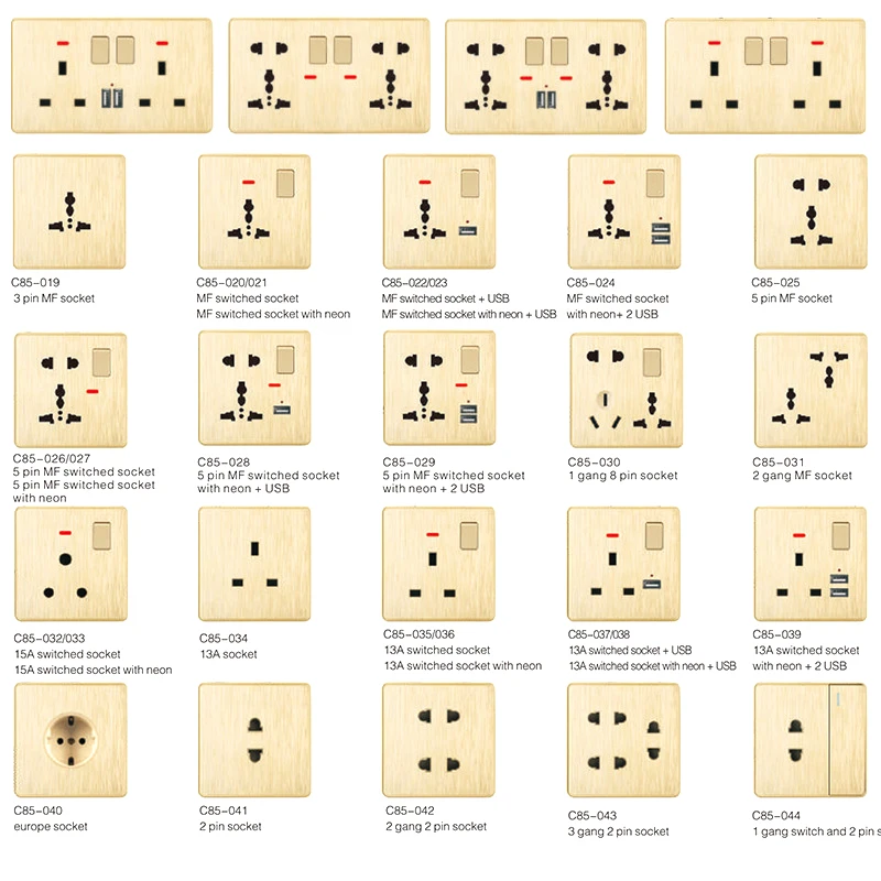 High quality Universal  13A 250V Home Power Outlet  Double USB Port With Gold Drawing Electrical Switch Socket