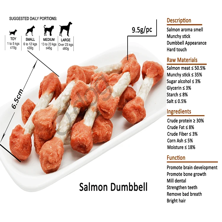 Qingdao Myjian wholesale High Quality Pet food snacks dental bones natural Salmon Dumbbell dog treats snacks