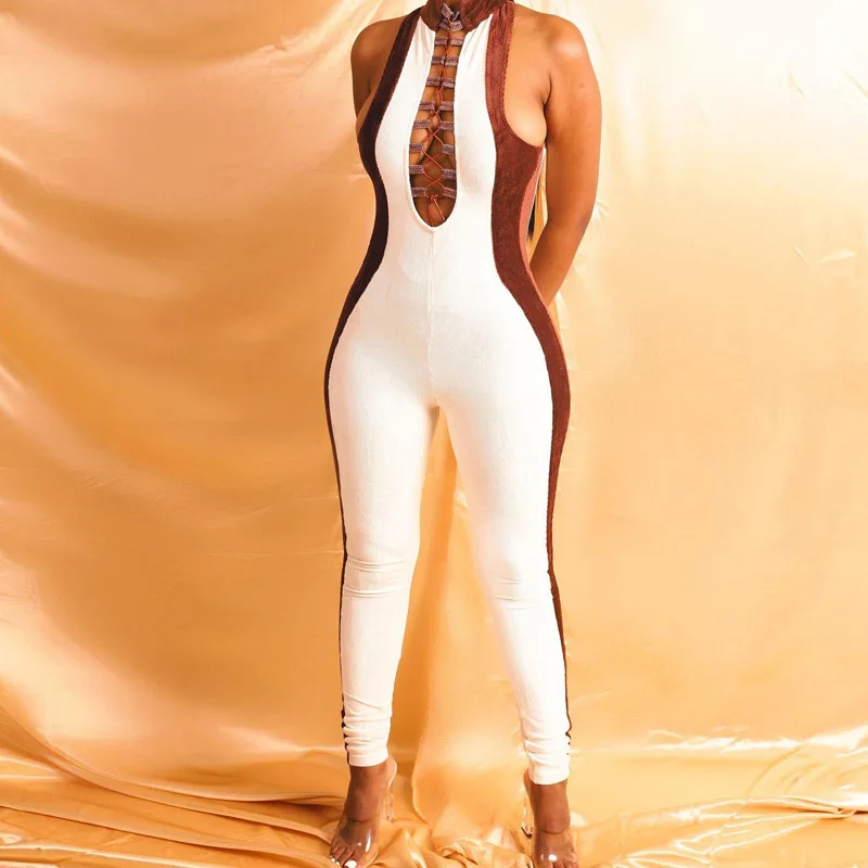 Hot Selling Summer Sexy Sleeveless Halter Contrast Color Matching Hollow Out Sports Slim Fit Women One Piece Jumpsuit
