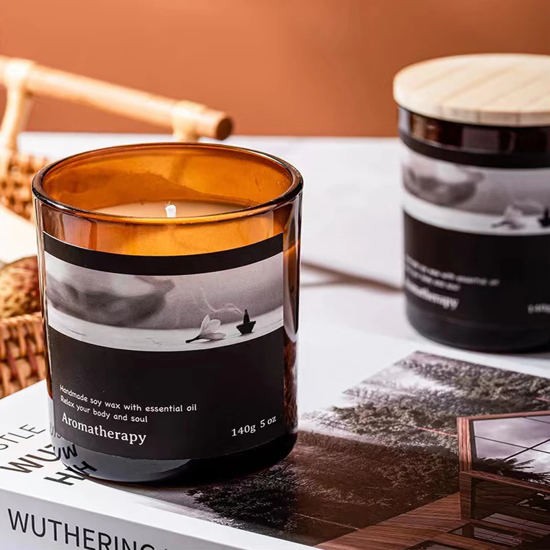 Candles Scented Candles With Amber Color Glass Jar Wood Lid