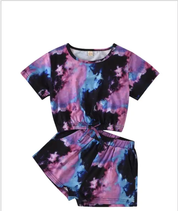 
Kids Tie-dye Round Neck Short Sleeve Top Shorts Two Pieces Set Children Clothes 