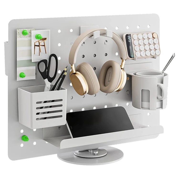 JH-Mech Desktop Organizer 360 Rotative Base with Accessories Pack with Home Office Put Cables Keys Steel Pegboard Desk Organizer