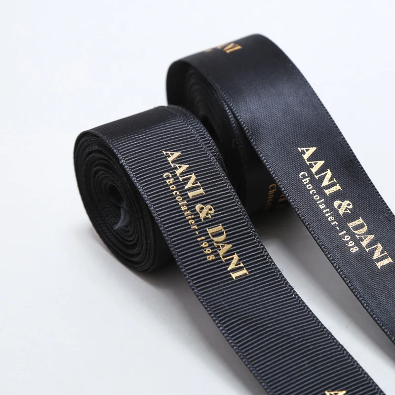 Manufacturer wholesale custom gold\/silver foiled printed gross grain ribbons hot stamping logo grosgrain ribbon