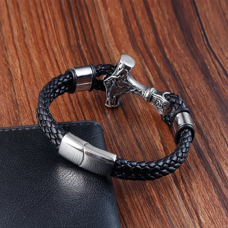 Retro Stainless Steel Cross T Magnetic Clasp Bracelet For Men Handmade Braided Double Layer Leather Bracelet Jewelry