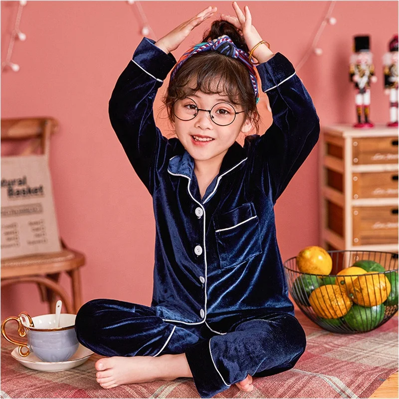 Wholesale Long Sleeves Velvet Kids Girl Pajamas Turn Down Collar With Pocket Children Boy Sleepwear Outfits