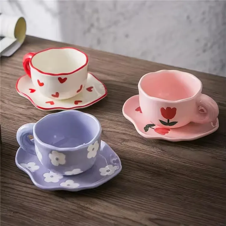 Modern nordic pink tulip cute girls gift small porcelain cup set cappuccino latte tea cup ceramic coffee cups with saucer