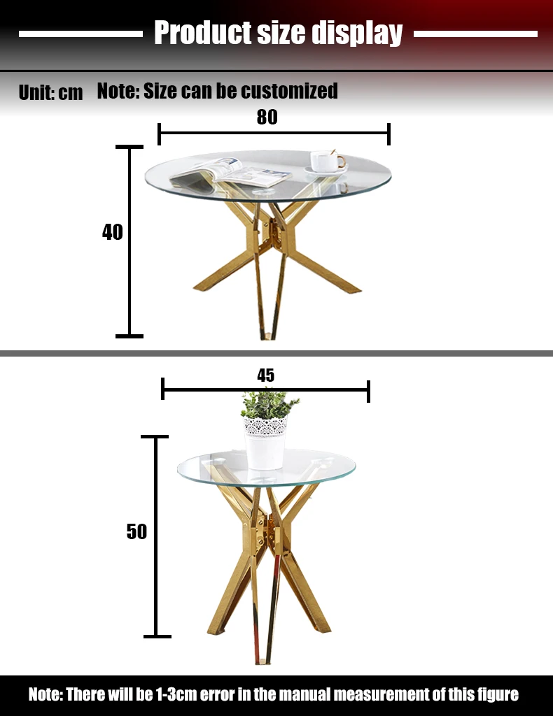 SUKE Popular Cheap Modern Wedding Banquet Dining Stainless Steel Round Tables Glass Top Gold Metal Frame Furniture Coffee Table