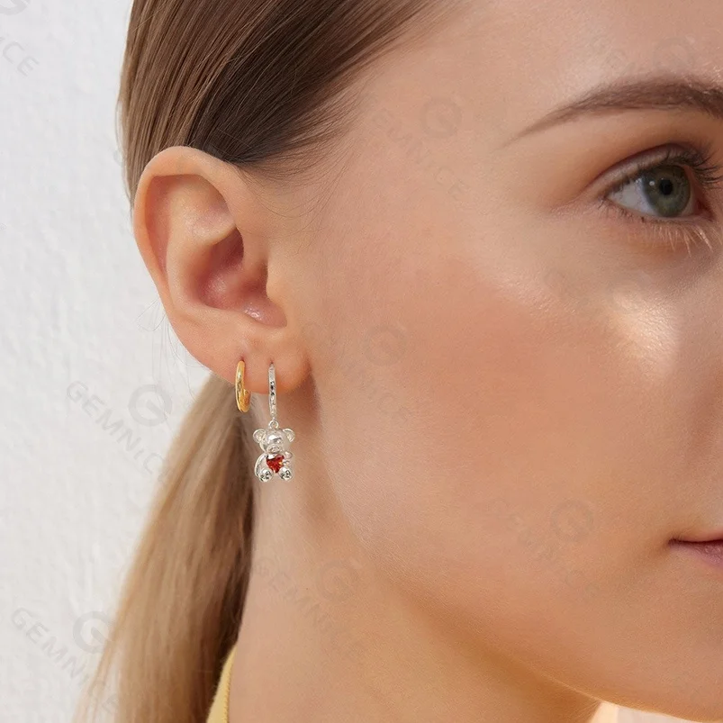 Gemnel 925 silver cute hypoallergenic bear pendant jewelry charm girls huggies red heart earrings