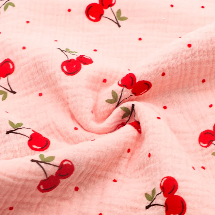 Custom design 110gsm woven airflow cherry pattern printed crepe cotton fabric for baby clothing