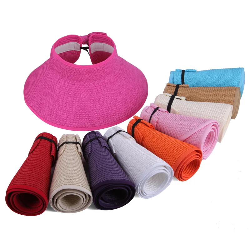 Women Foldable Fashion Paper Straw Visor Hat Floppy Beach Summer Sun Visor Hat Sombreros Wide Brim Straw Hats