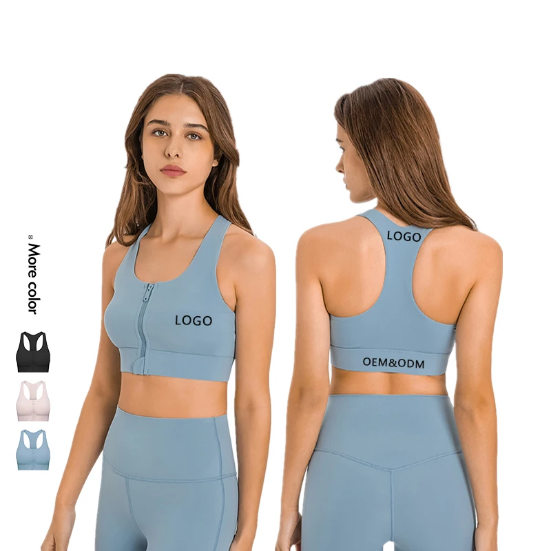 Xsunwing Top Sale Ropa Interior Deportiva Mujer Cross Back U Neck Fixed Chest Pad Front Zipper Magic Sticker Womens Sports Bras