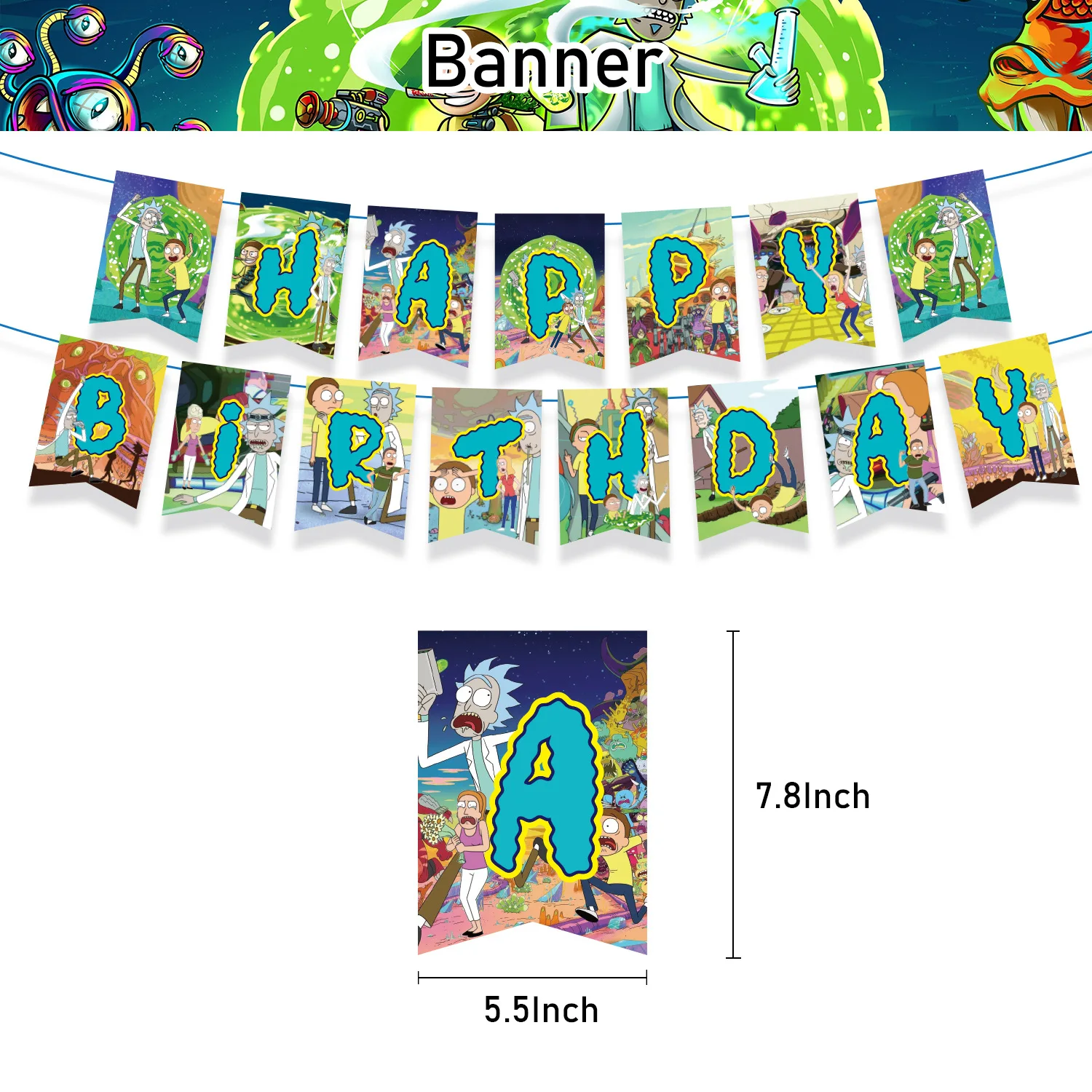 Rick And Morti Theme Birthday Party Decoration For Kids Pull Flag Latex Balloon Cake Arrangement Scene Decoration Supplies